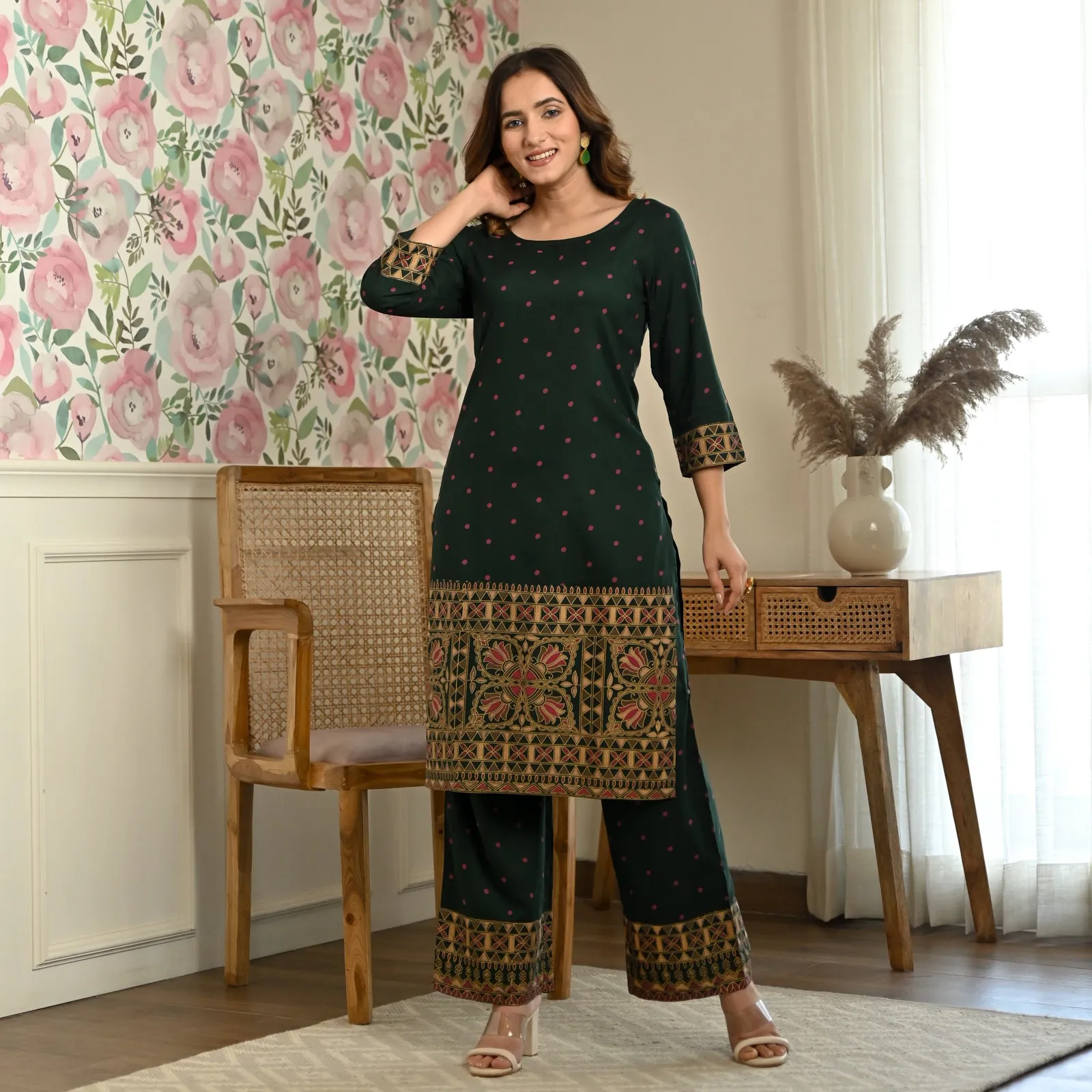 Emerald Green Polka Kurta Pant Co-ord Set
