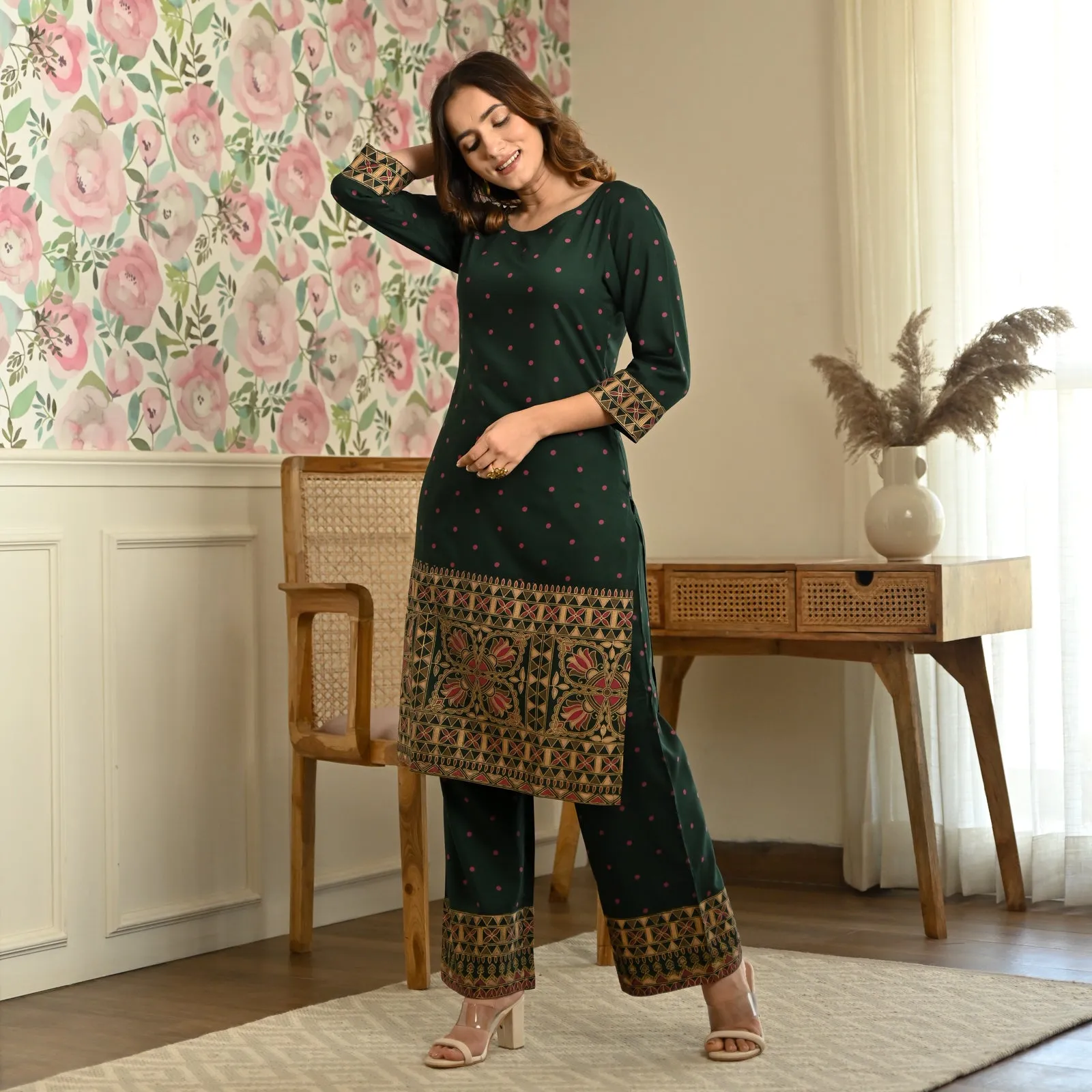 Emerald Green Polka Kurta Pant Co-ord Set