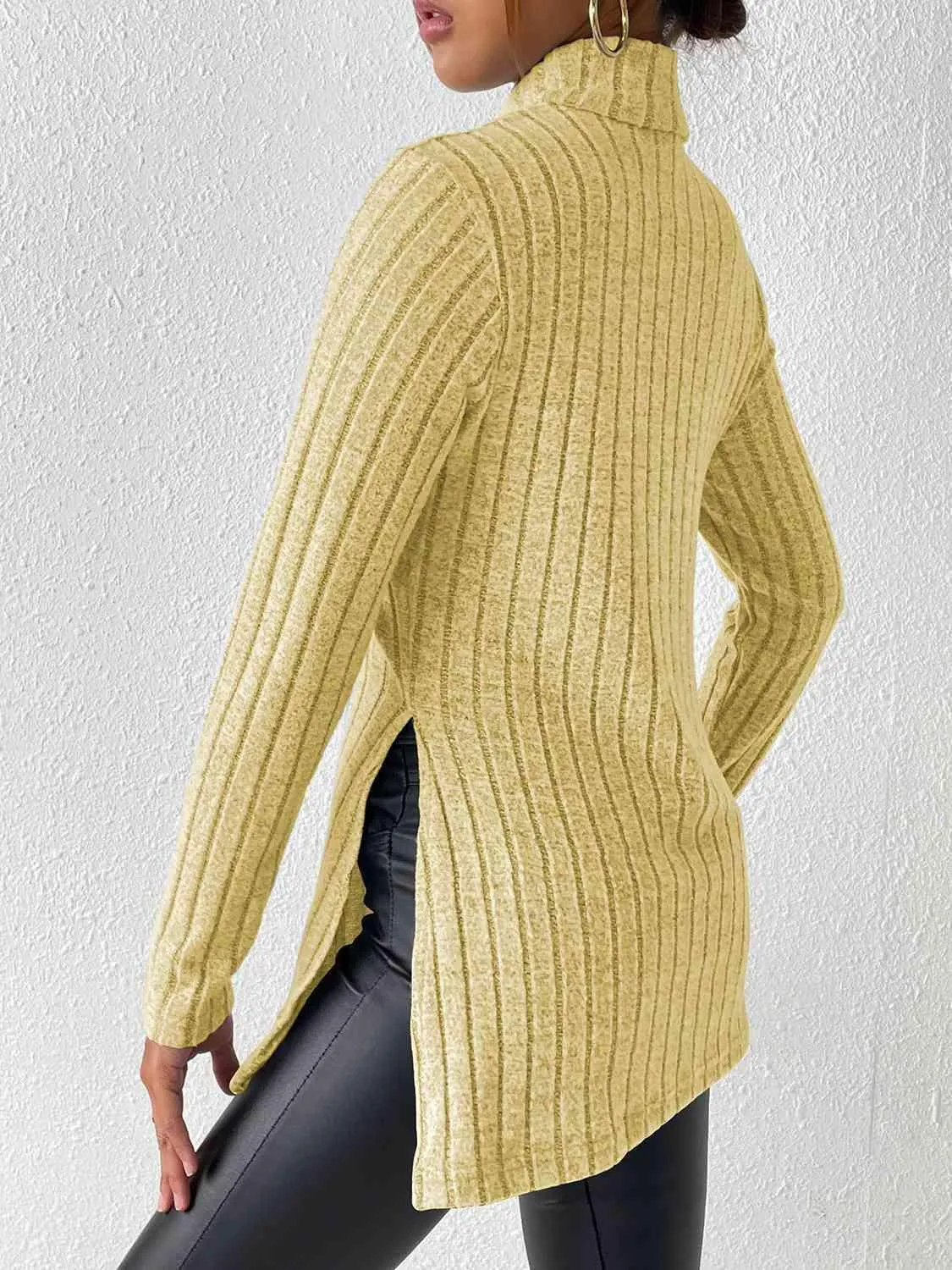 Extra Cozy Ribbed Slit Long Sleeve Turtleneck Top