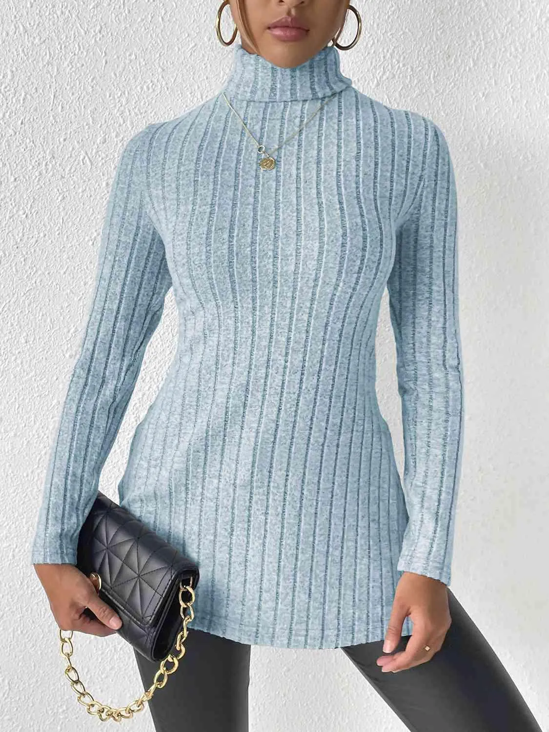 Extra Cozy Ribbed Slit Long Sleeve Turtleneck Top