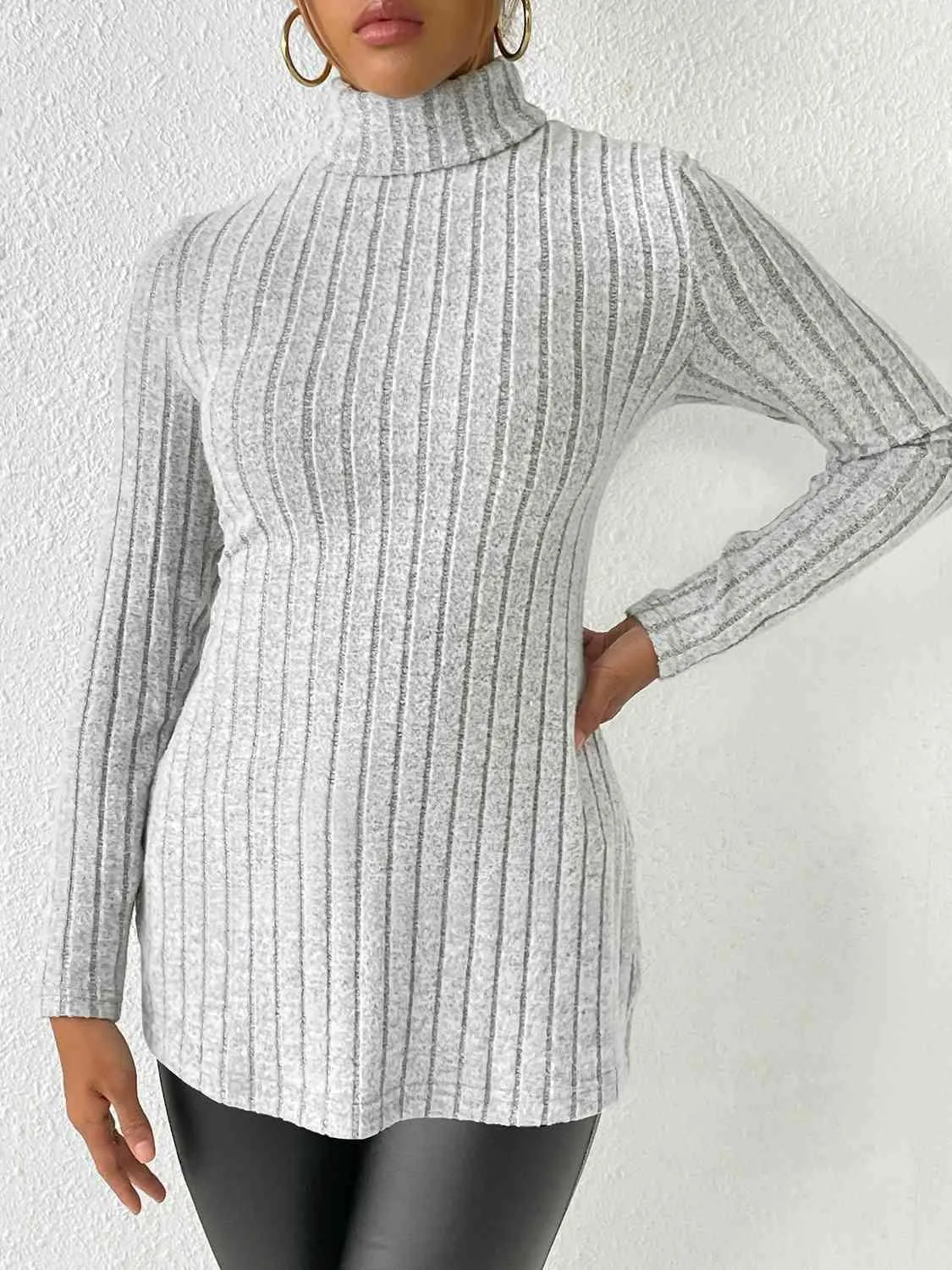 Extra Cozy Ribbed Slit Long Sleeve Turtleneck Top