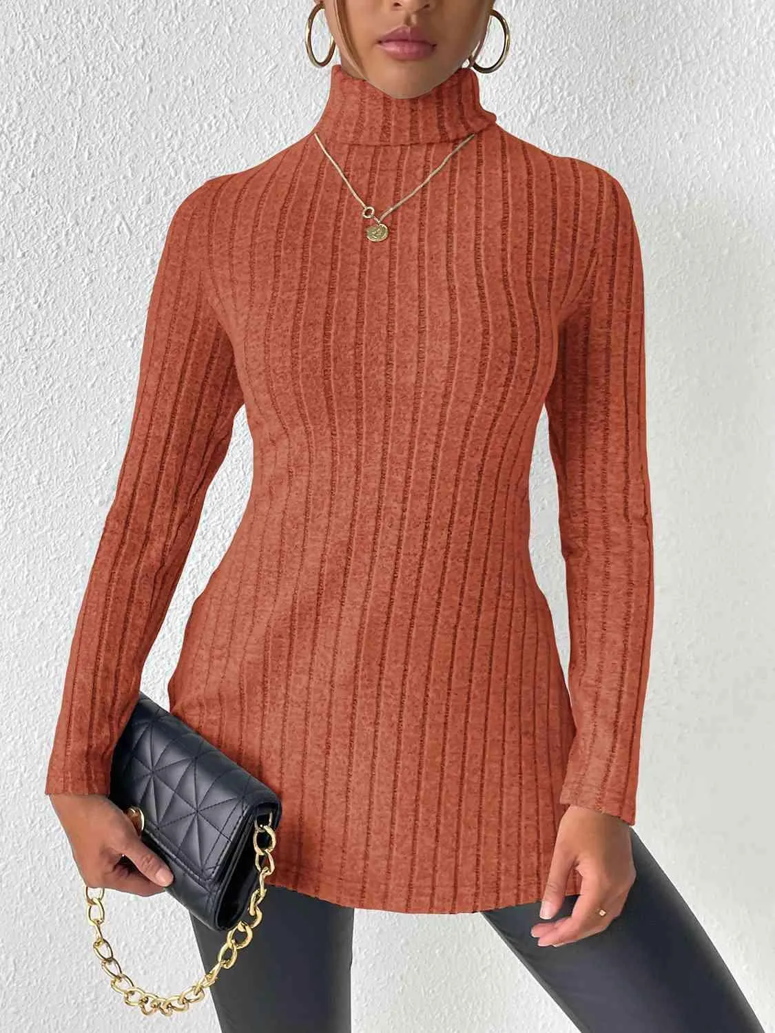 Extra Cozy Ribbed Slit Long Sleeve Turtleneck Top