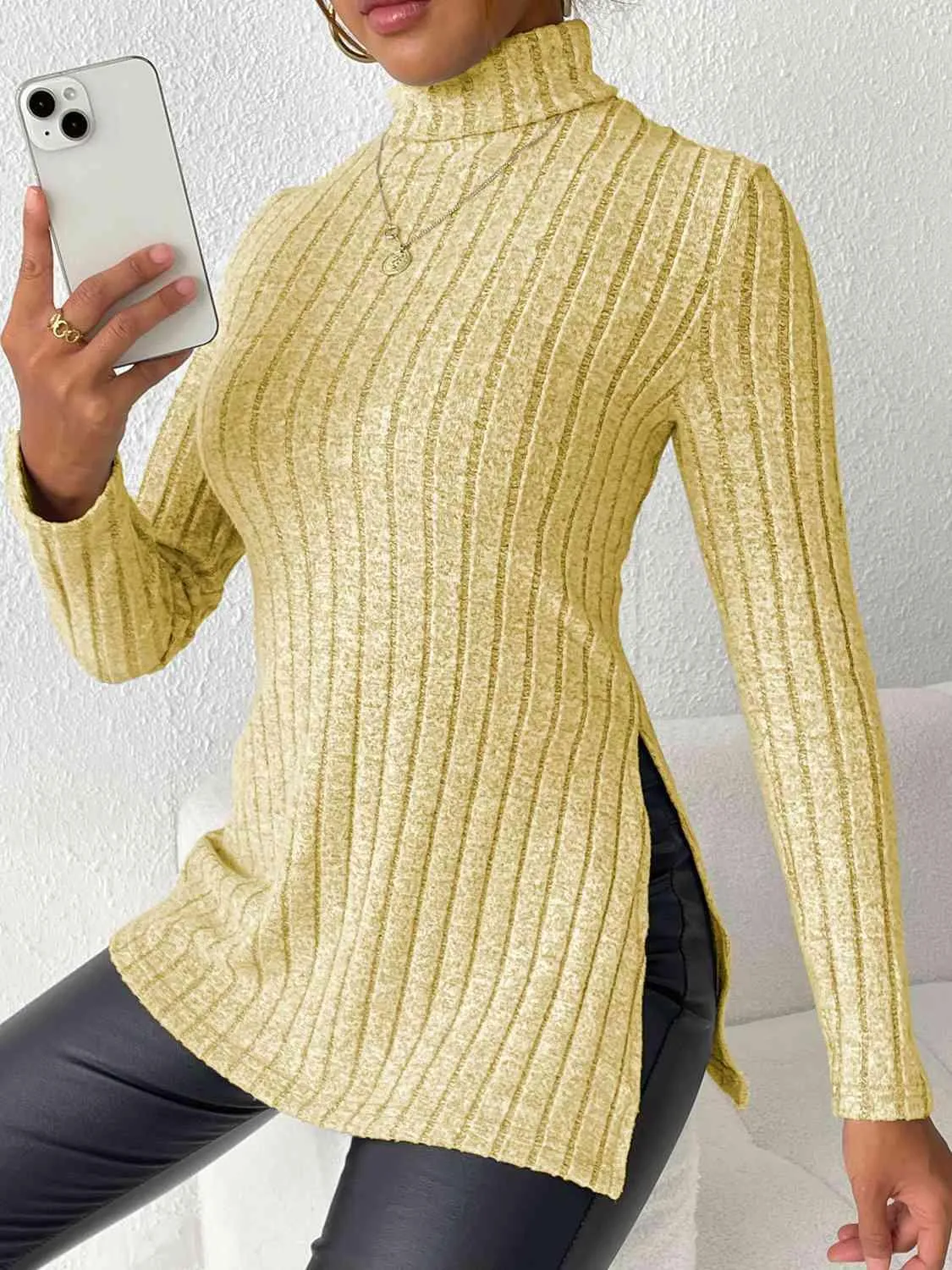 Extra Cozy Ribbed Slit Long Sleeve Turtleneck Top