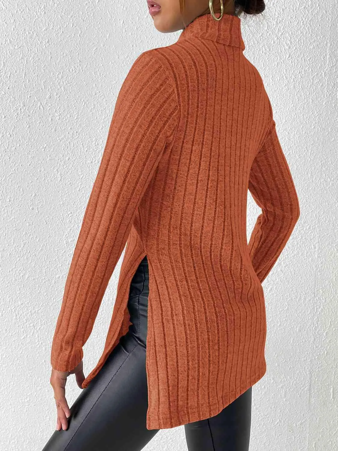 Extra Cozy Ribbed Slit Long Sleeve Turtleneck Top