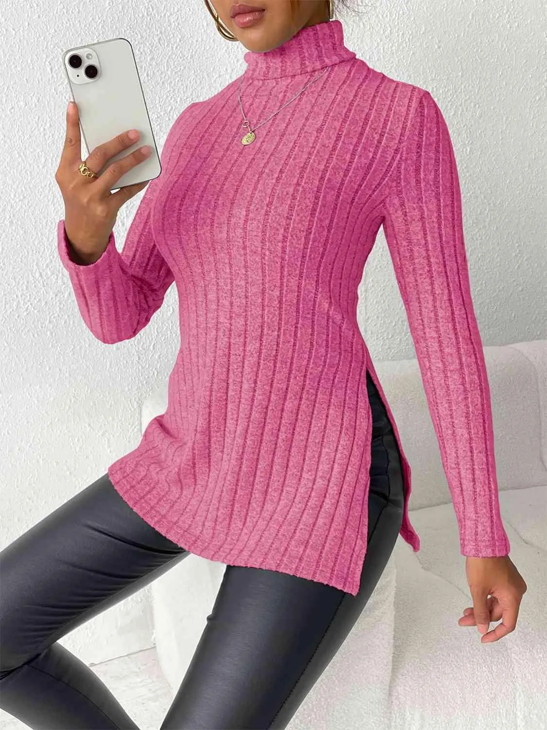 Extra Cozy Ribbed Slit Long Sleeve Turtleneck Top