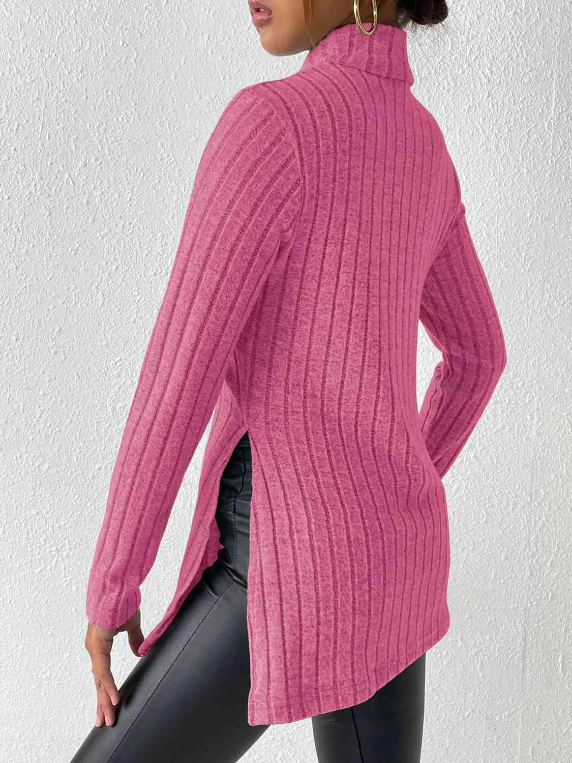 Extra Cozy Ribbed Slit Long Sleeve Turtleneck Top