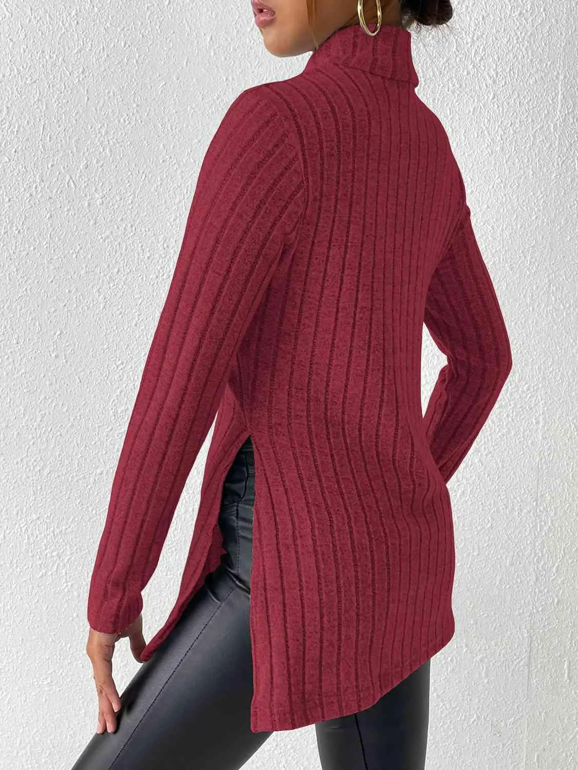 Extra Cozy Ribbed Slit Long Sleeve Turtleneck Top