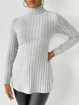 Extra Cozy Ribbed Slit Long Sleeve Turtleneck Top