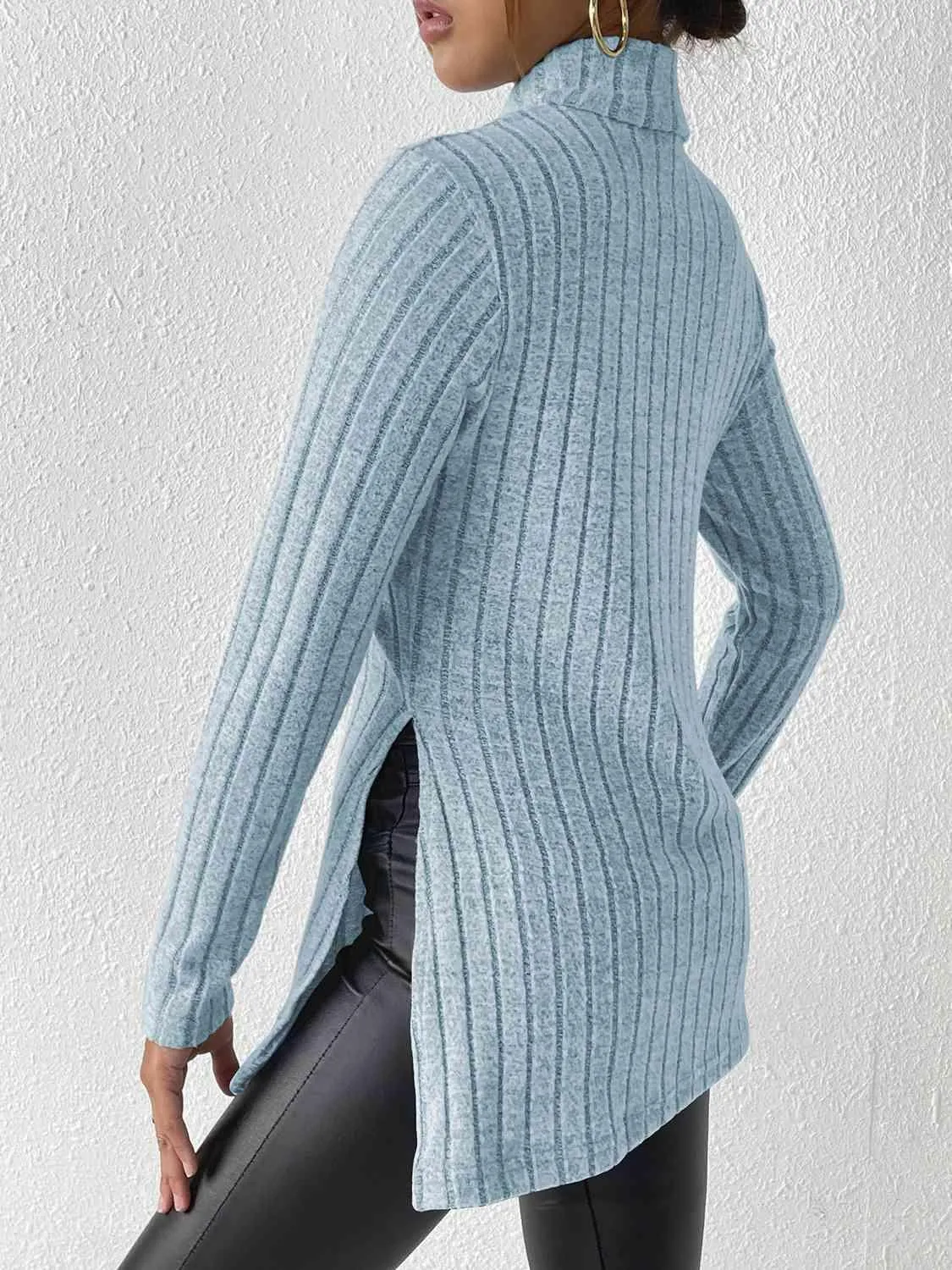 Extra Cozy Ribbed Slit Long Sleeve Turtleneck Top