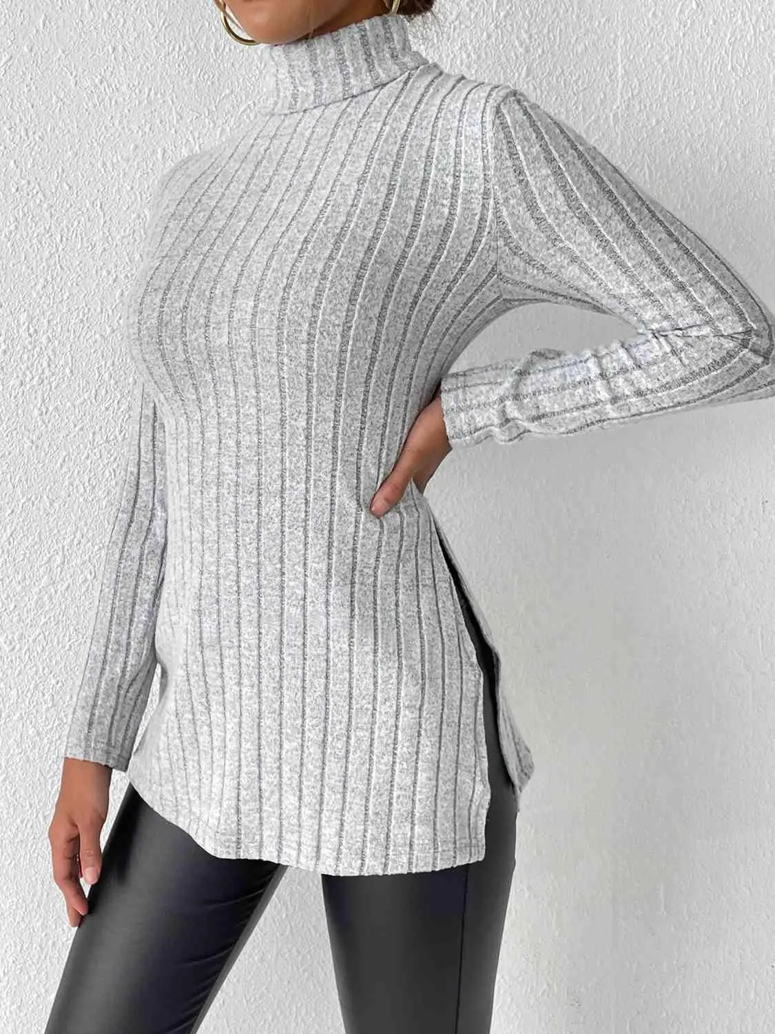 Extra Cozy Ribbed Slit Long Sleeve Turtleneck Top