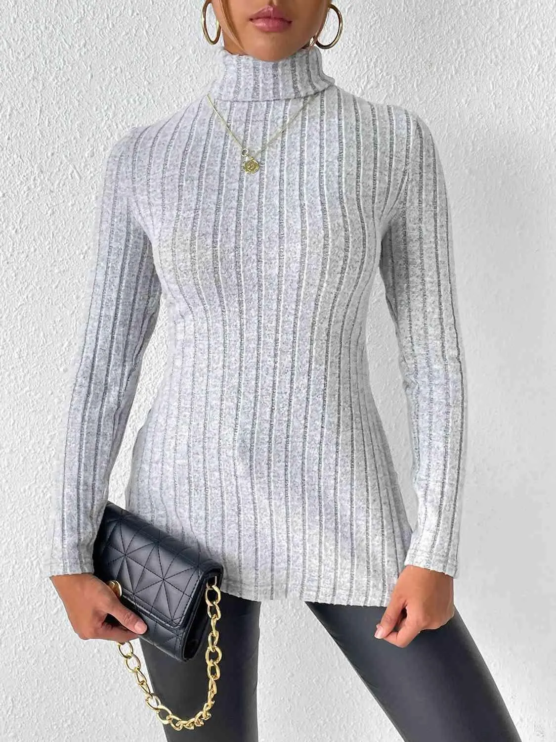 Extra Cozy Ribbed Slit Long Sleeve Turtleneck Top