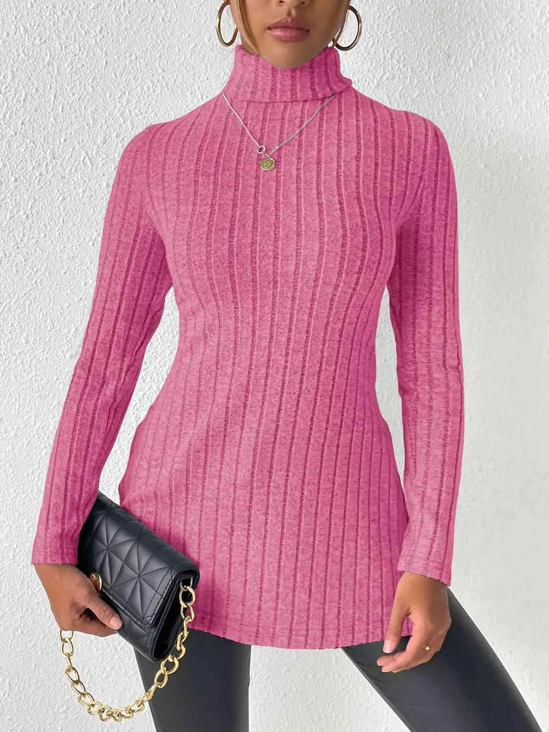 Extra Cozy Ribbed Slit Long Sleeve Turtleneck Top