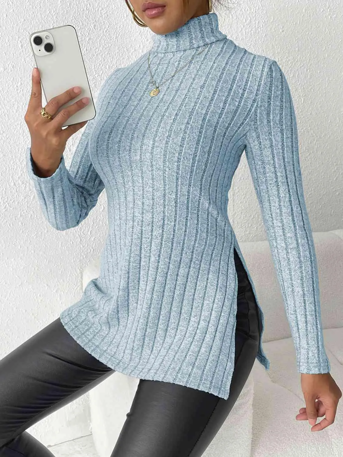 Extra Cozy Ribbed Slit Long Sleeve Turtleneck Top