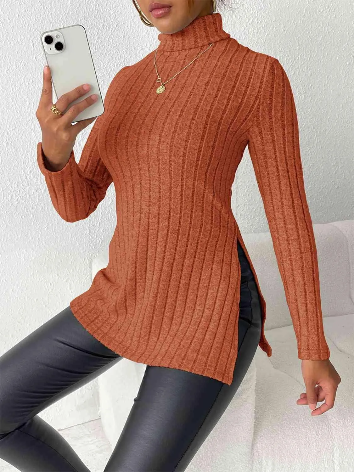 Extra Cozy Ribbed Slit Long Sleeve Turtleneck Top