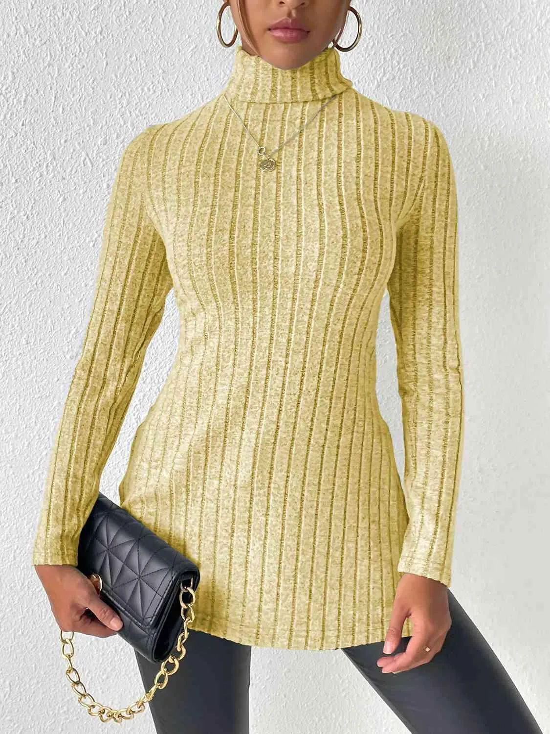 Extra Cozy Ribbed Slit Long Sleeve Turtleneck Top