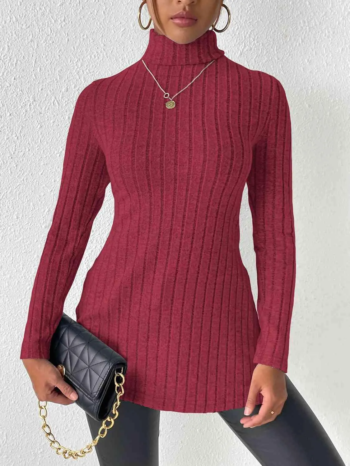 Extra Cozy Ribbed Slit Long Sleeve Turtleneck Top