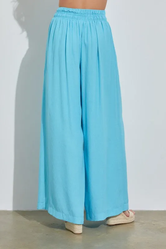 Fashion Summer Aqua High Waisted Elastic Wide Leg Pants