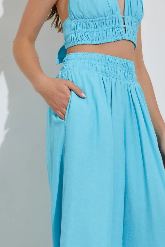Fashion Summer Aqua High Waisted Elastic Wide Leg Pants
