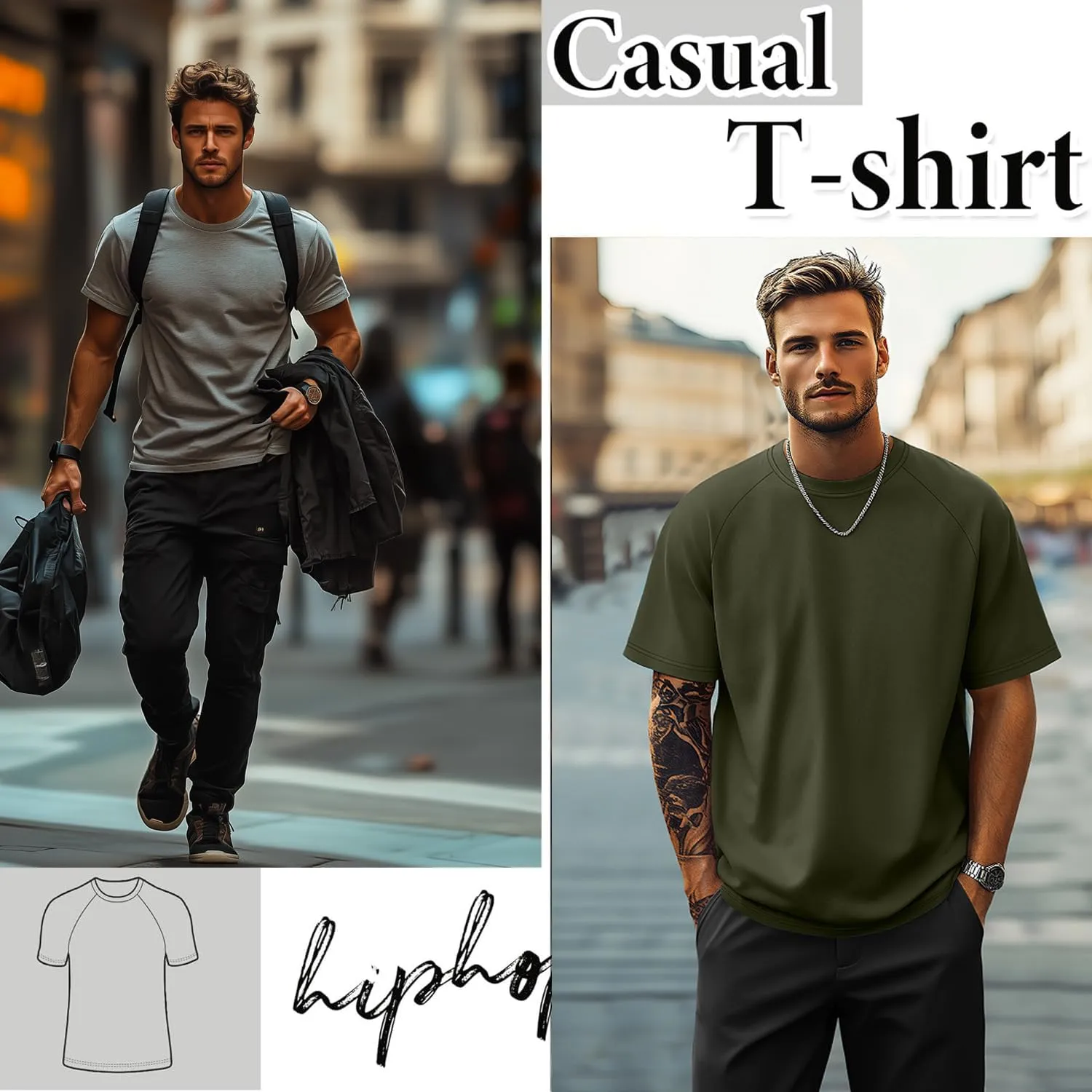 Ficerd 3 Pack Men's Big and Tall Raglan Short Sleeve T-Shirts, Side Split Summer 30% Cotton Crewneck Soft Basic Shirts
