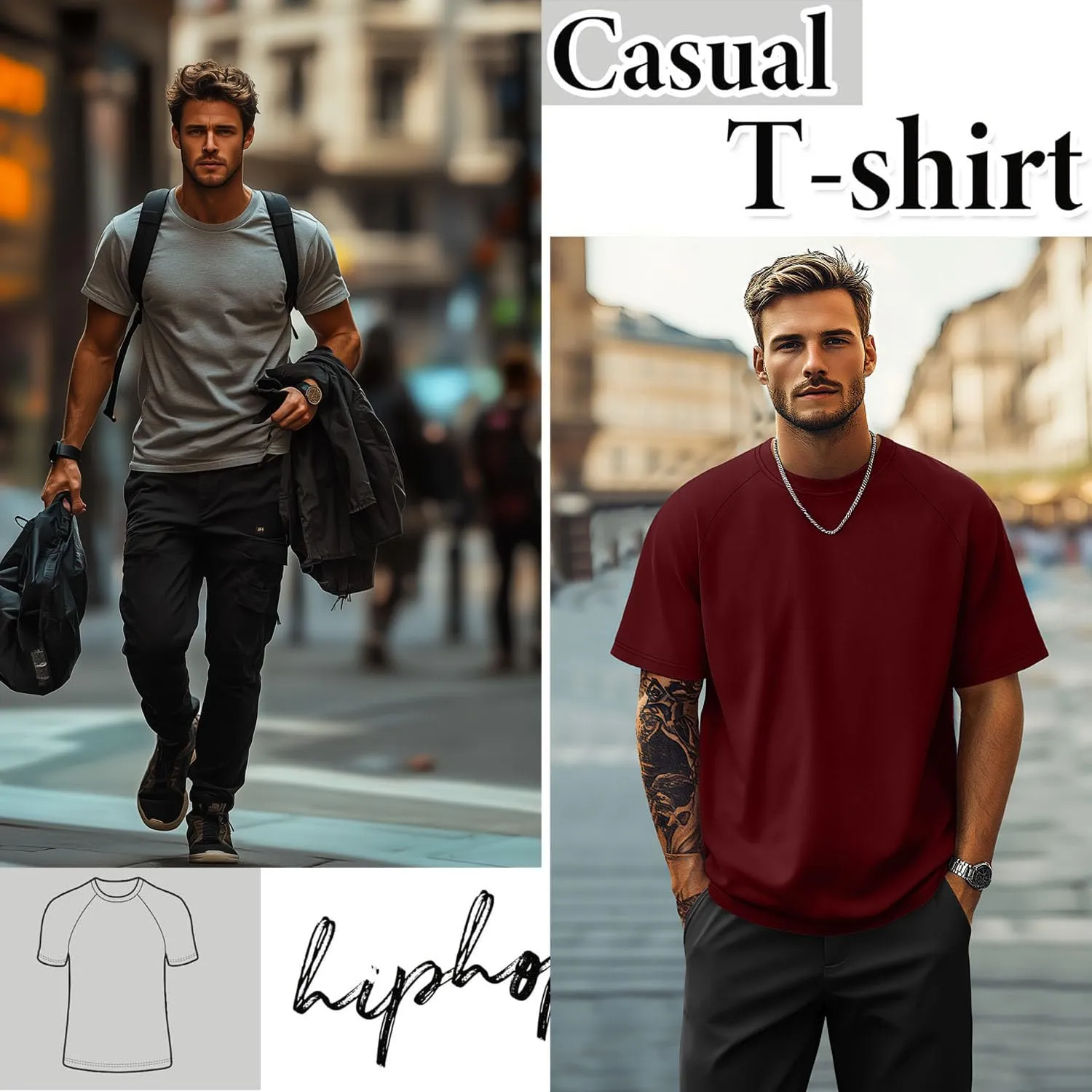 Ficerd 3 Pack Men's Big and Tall Raglan Short Sleeve T-Shirts, Side Split Summer 30% Cotton Crewneck Soft Basic Shirts