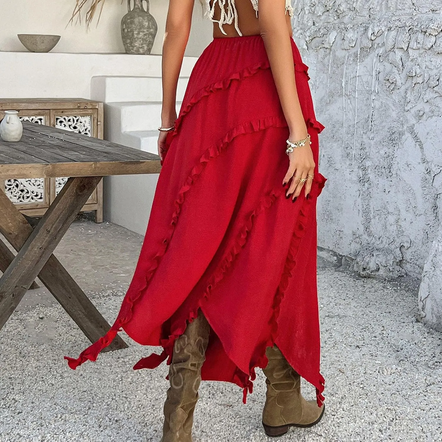 Floral Skirts for Women Trendy Loose Fit High Elastic Waist Pleated Summer Skirts with Split Vacation Streetwear