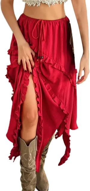 Floral Skirts for Women Trendy Loose Fit High Elastic Waist Pleated Summer Skirts with Split Vacation Streetwear