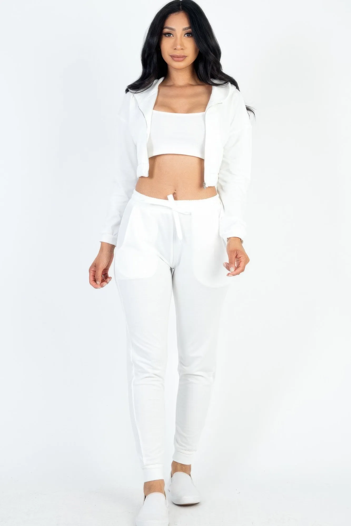French Terry Cropped Cami With Zip-up Jacket And Joggers Set