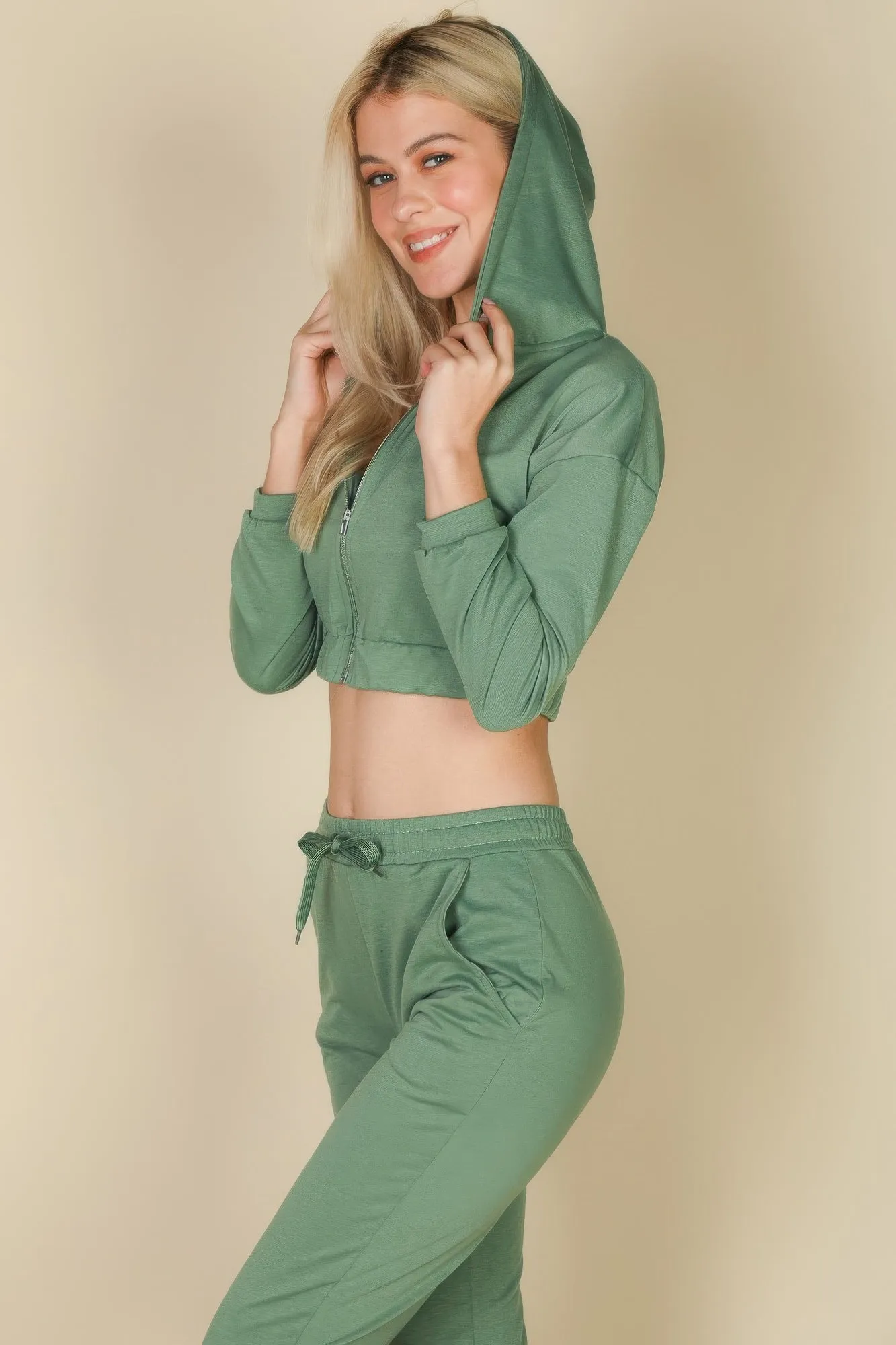 French Terry Cropped Cami With Zip-up Jacket And Joggers Set