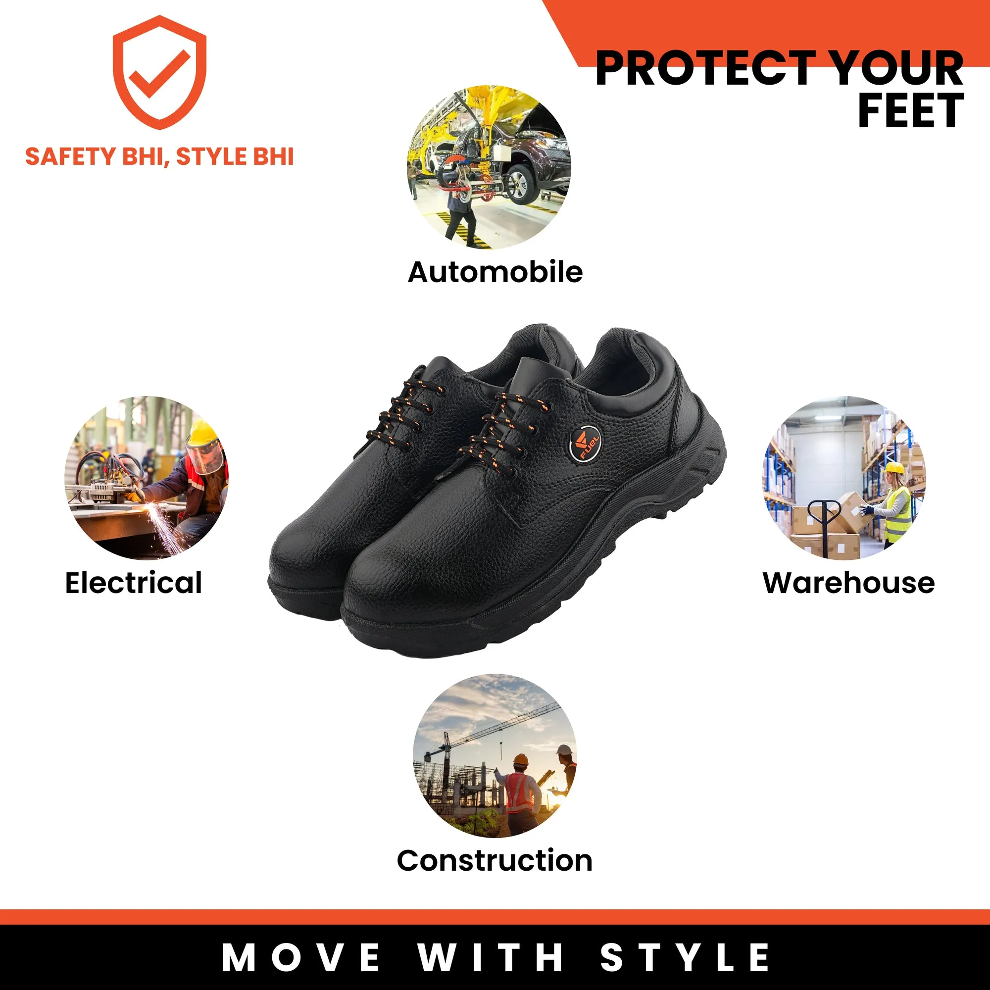 Fuel Arsenal LC Genuine Leather Safety Shoes for Men's Steel Toe Cap With Single Density PVC Sole (Black)