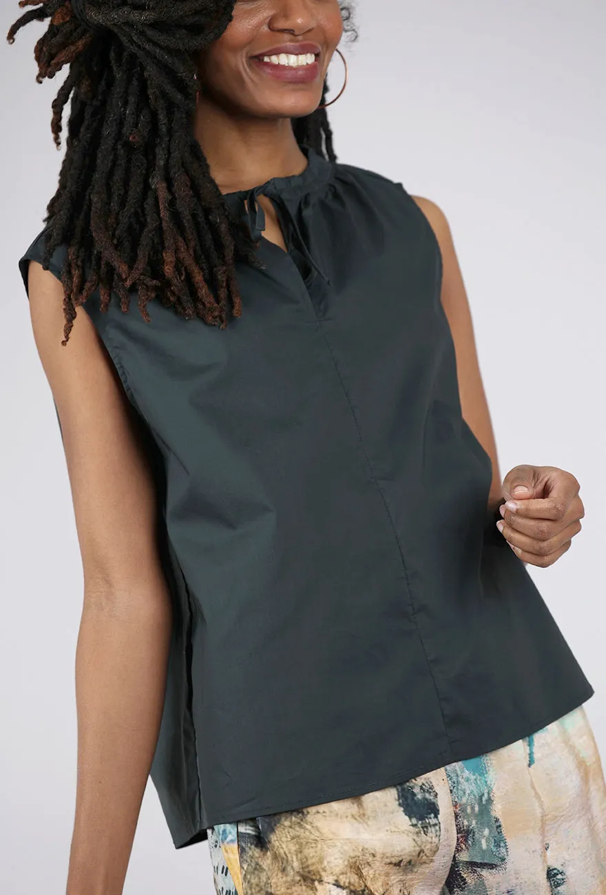 Gather Neck Poplin Top, Deep Sea