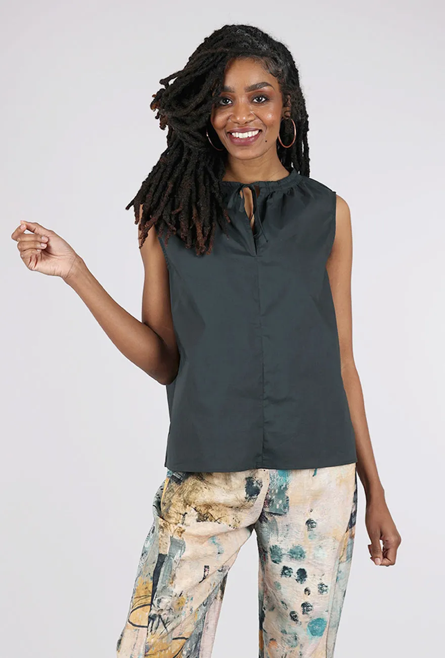 Gather Neck Poplin Top, Deep Sea
