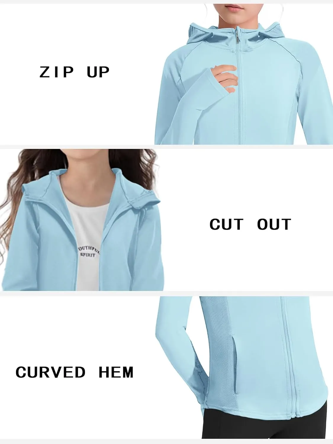 Girls Lightweight Jacket Long Sleeve Zip Up Athletic Hoodie Top UPF50  Fishing Hiking Sun Protection Outwear