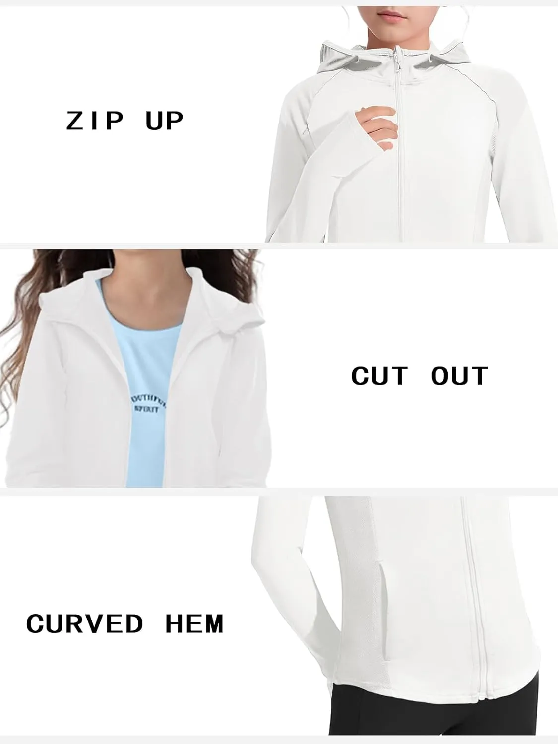 Girls Lightweight Jacket Long Sleeve Zip Up Athletic Hoodie Top UPF50  Fishing Hiking Sun Protection Outwear
