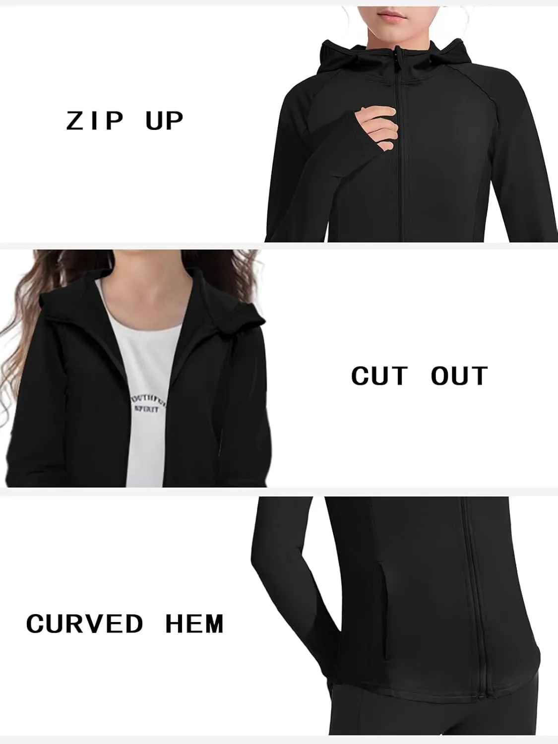 Girls Lightweight Jacket Long Sleeve Zip Up Athletic Hoodie Top UPF50  Fishing Hiking Sun Protection Outwear