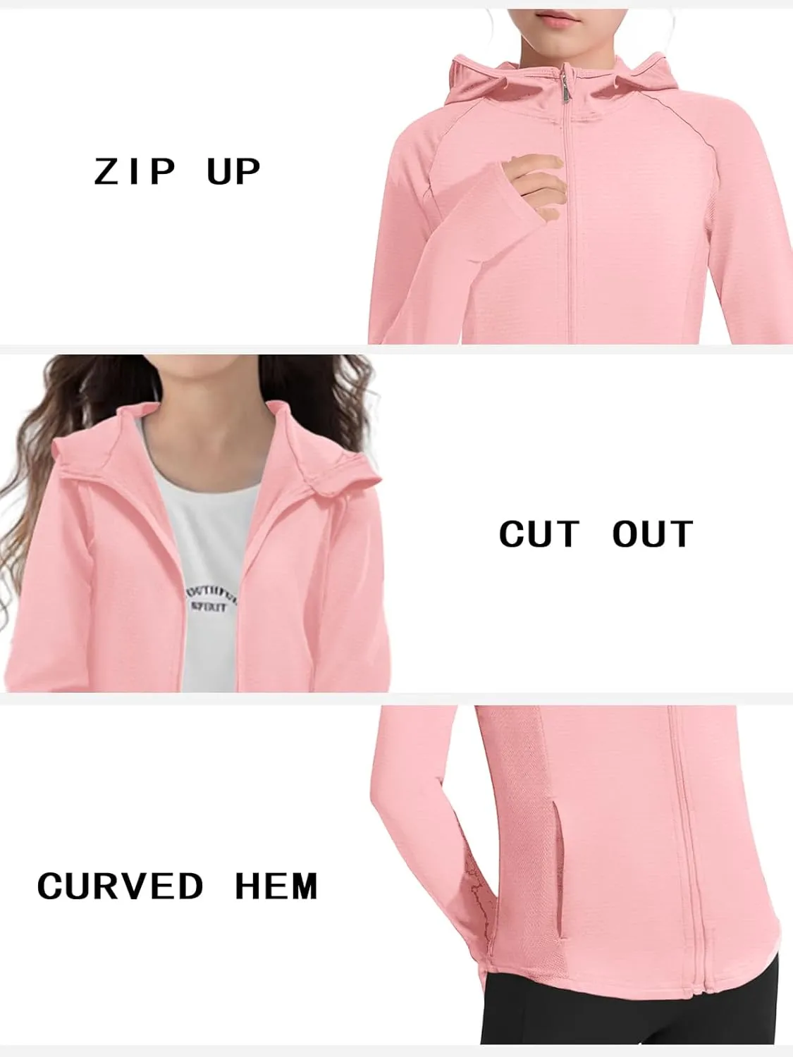Girls Lightweight Jacket Long Sleeve Zip Up Athletic Hoodie Top UPF50  Fishing Hiking Sun Protection Outwear