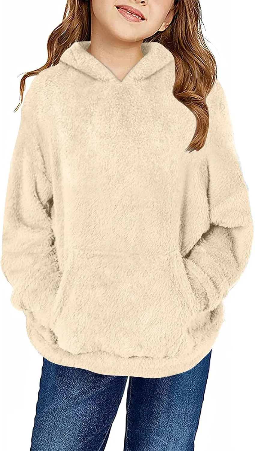 Girls Sherpa Fuzzy Hoodies Fall Winter Soft Comfy Fleece Sweatshirt Long Sleeve Solid Color Pullover Tops with Pocket