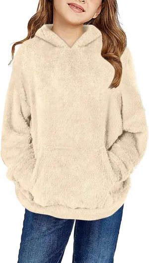 Girls Sherpa Fuzzy Hoodies Fall Winter Soft Comfy Fleece Sweatshirt Long Sleeve Solid Color Pullover Tops with Pocket