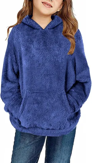 Girls Sherpa Fuzzy Hoodies Fall Winter Soft Comfy Fleece Sweatshirt Long Sleeve Solid Color Pullover Tops with Pocket
