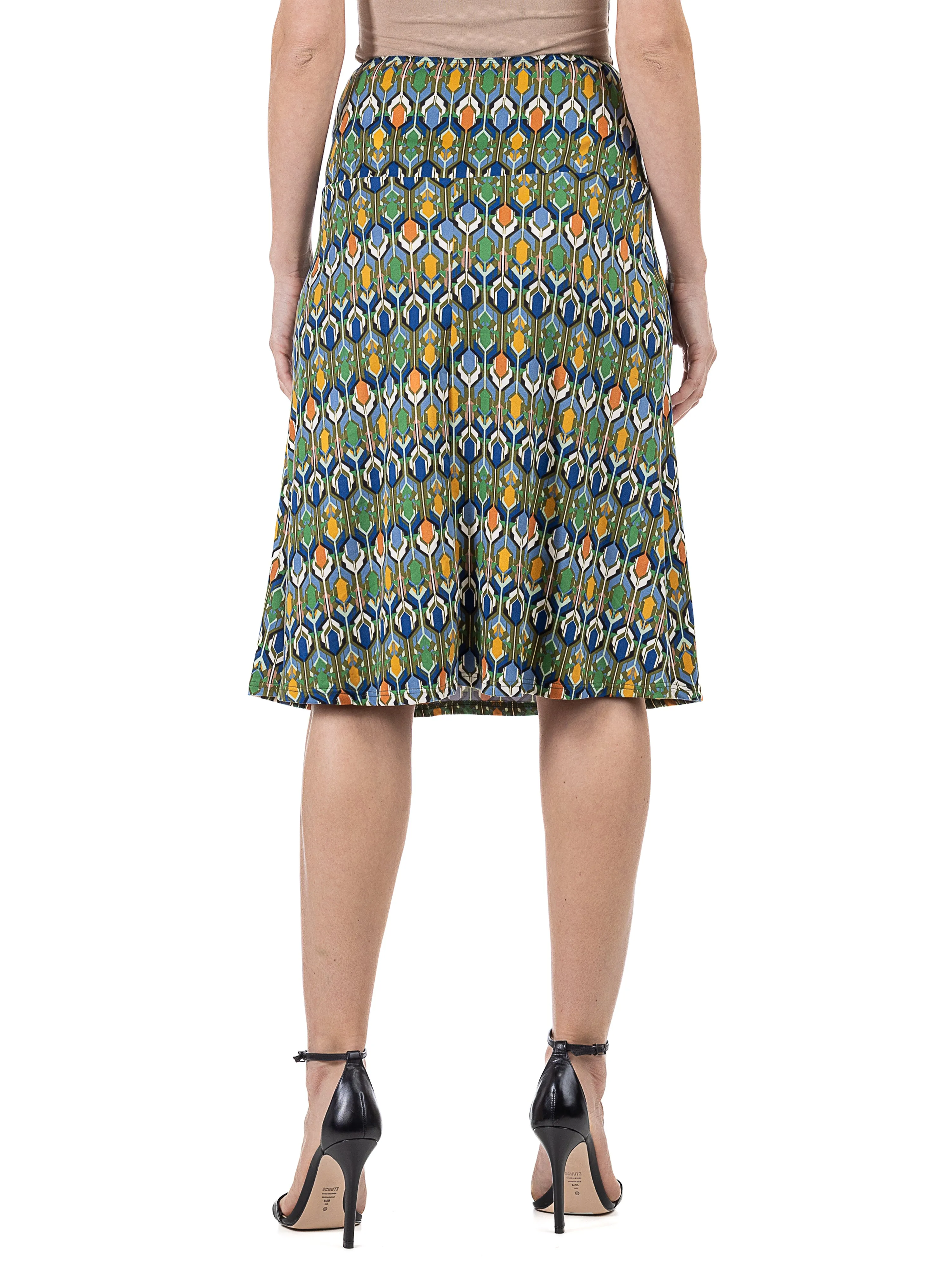 Green Geometric Elastic Waist Knee Length Skirt