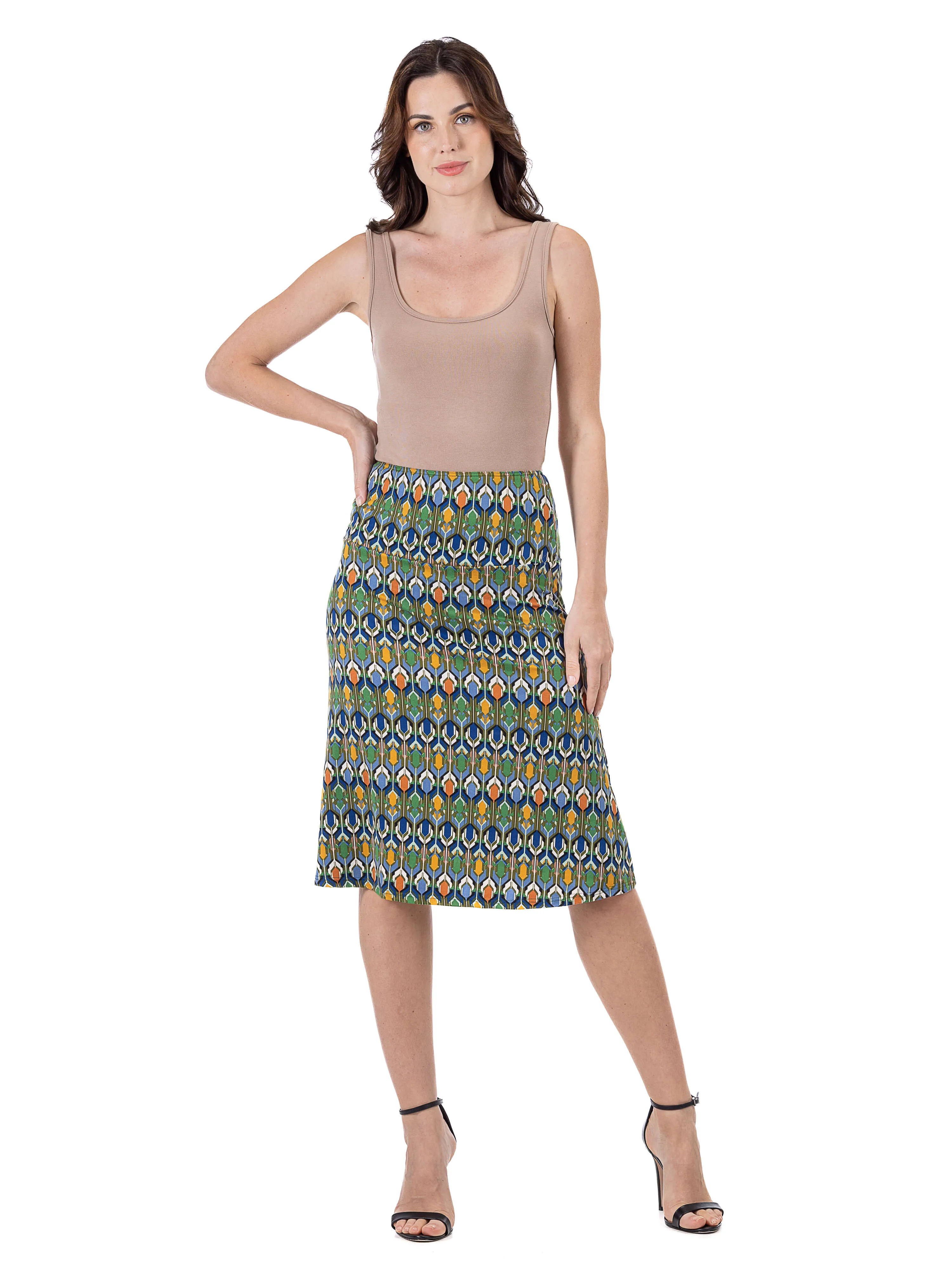 Green Geometric Elastic Waist Knee Length Skirt