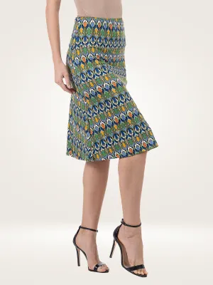 Green Geometric Elastic Waist Knee Length Skirt