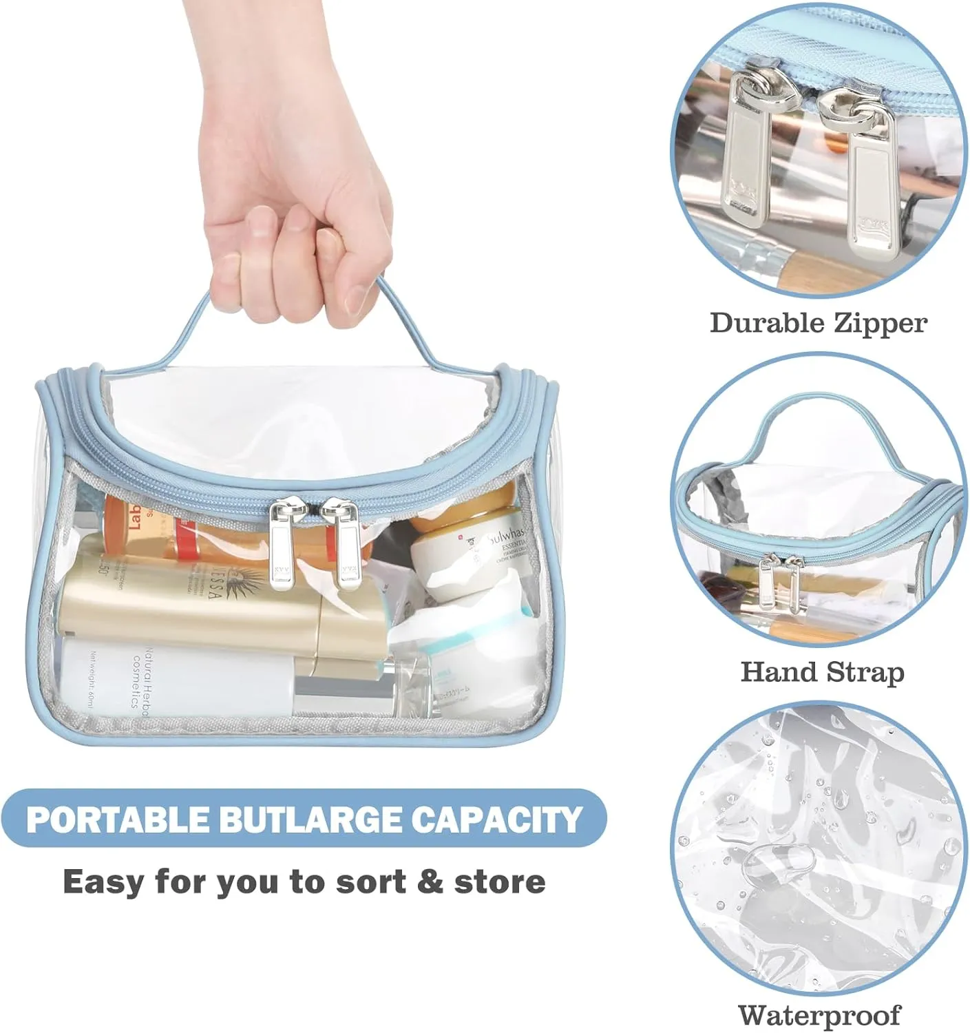 HAOGUAGUA Heavy Duty Clear Cosmetic Bag Waterproof Transparent Travel Makeup Toiletry Organizer Bag (Blue-1pcs)