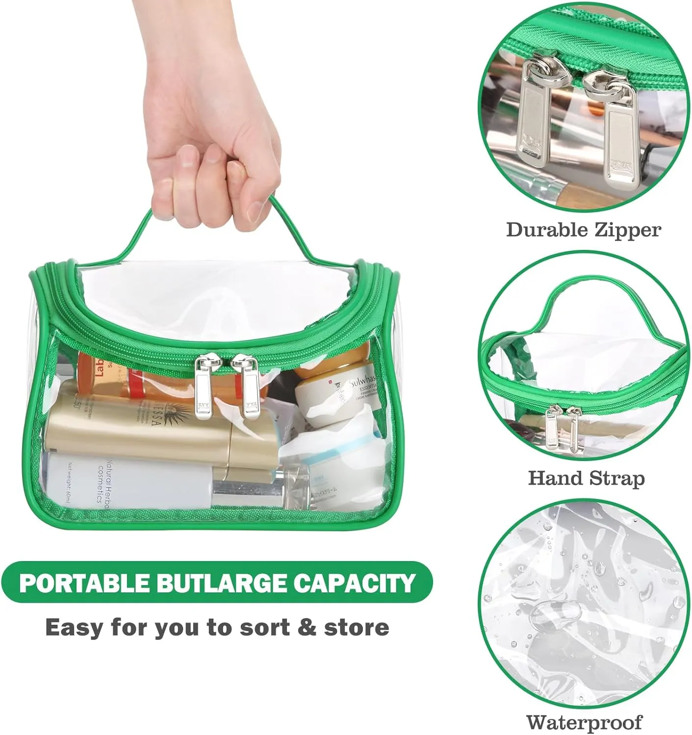 HAOGUAGUA Heavy Duty Clear Cosmetic Bag Waterproof Transparent Travel Makeup Toiletry Organizer Bag (Green-1pcs)