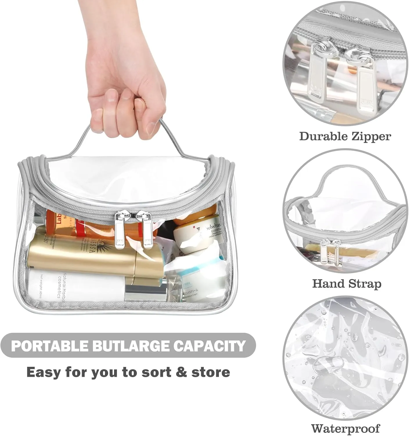 HAOGUAGUA Heavy Duty Clear Cosmetic Bag Waterproof Transparent Travel Makeup Toiletry Organizer Bag (Grey-1pcs)