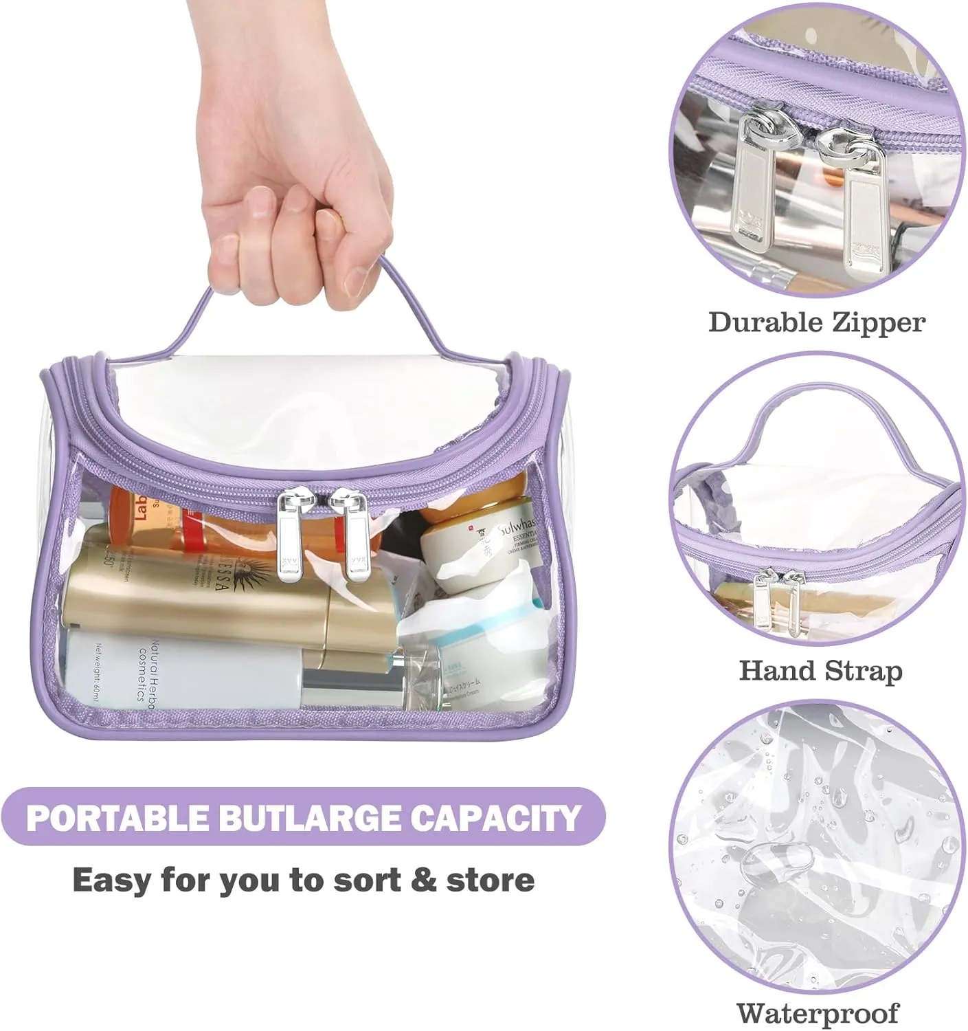 HAOGUAGUA Heavy Duty Clear Cosmetic Bag Waterproof Transparent Travel Makeup Toiletry Organizer Bag (Purple-1pcs)