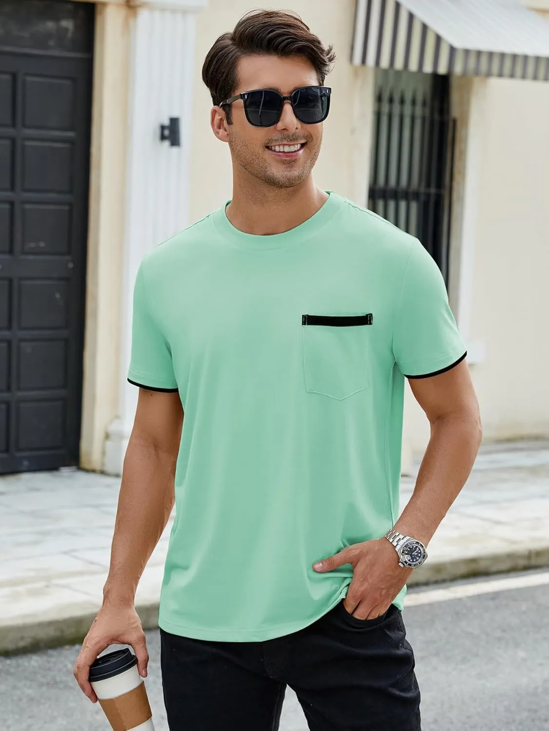 Hardaddy Men's Color Block Pullover Crew Neck Short Sleeve Tee Shirts with Pocket
