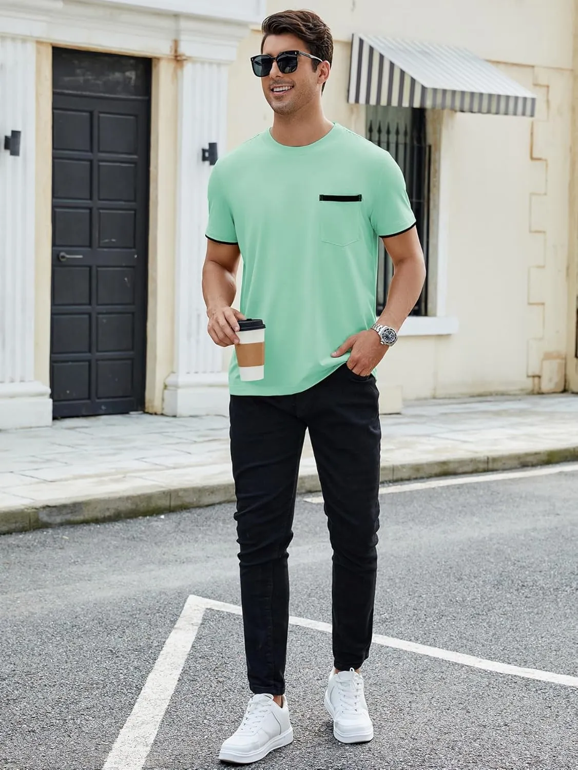Hardaddy Men's Color Block Pullover Crew Neck Short Sleeve Tee Shirts with Pocket