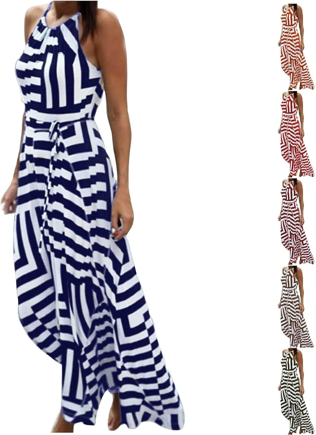 HGps8w Flowy Halter Dresses for Women Striped Sundress Summer Sleeveless Ruffle A Line Beach Vacation Maxi Dress