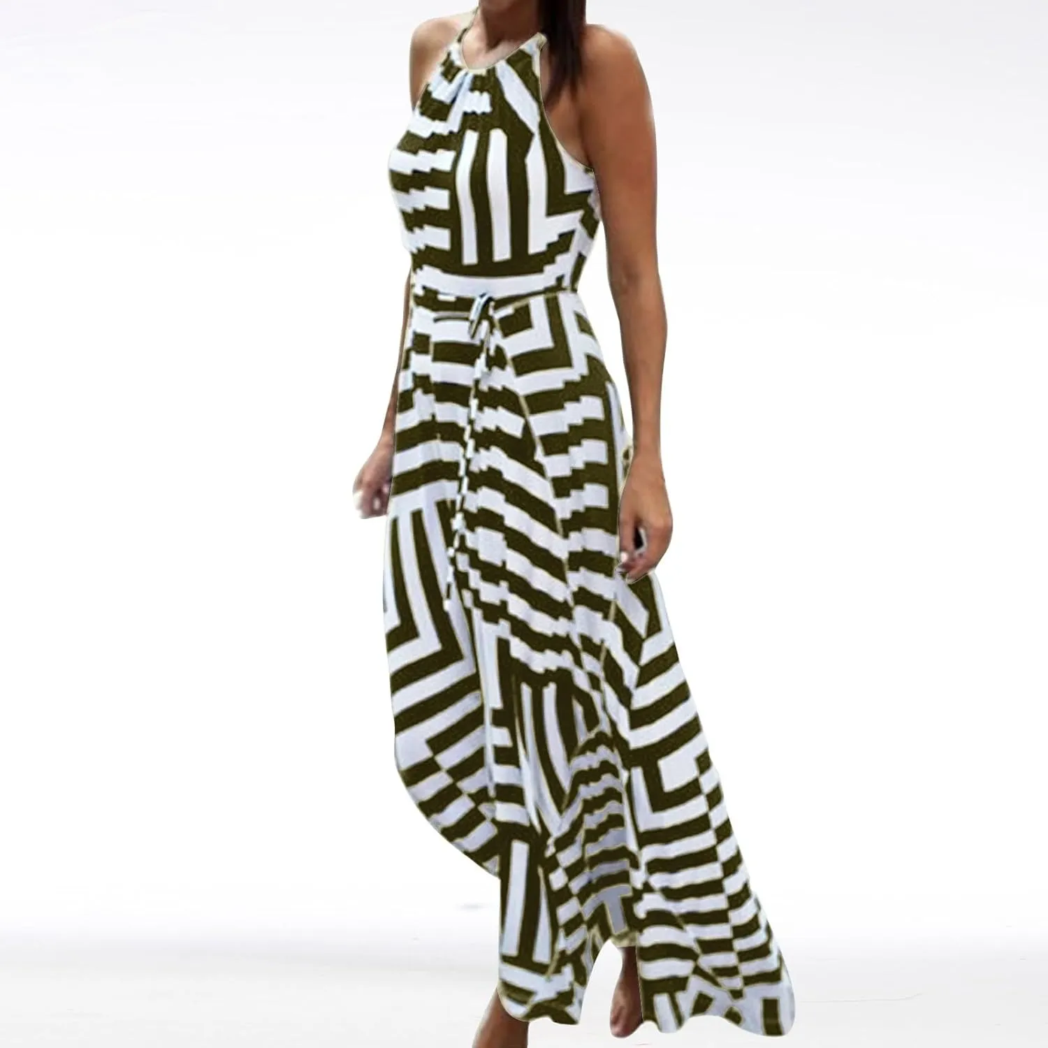 HGps8w Flowy Halter Dresses for Women Striped Sundress Summer Sleeveless Ruffle A Line Beach Vacation Maxi Dress