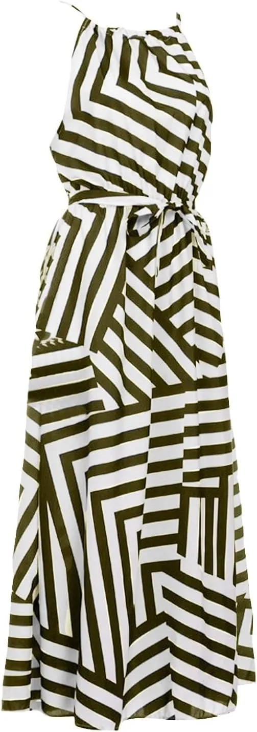 HGps8w Flowy Halter Dresses for Women Striped Sundress Summer Sleeveless Ruffle A Line Beach Vacation Maxi Dress